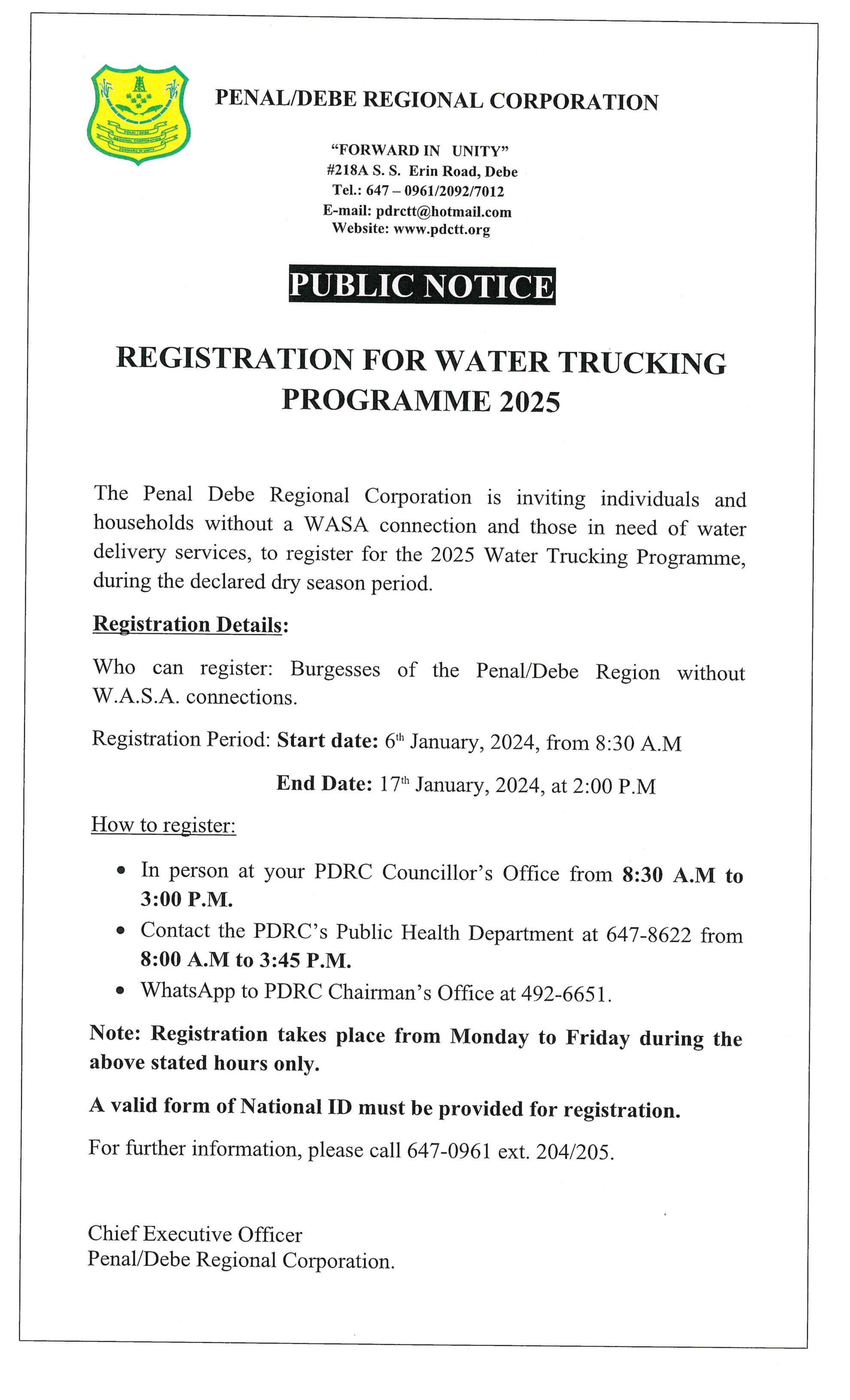 Public Notice Registration For Water Trucking Programme 2025 Penal